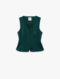 Slim Fit Peplum Kesim V Yaka Düğmeli Blazer Yelek