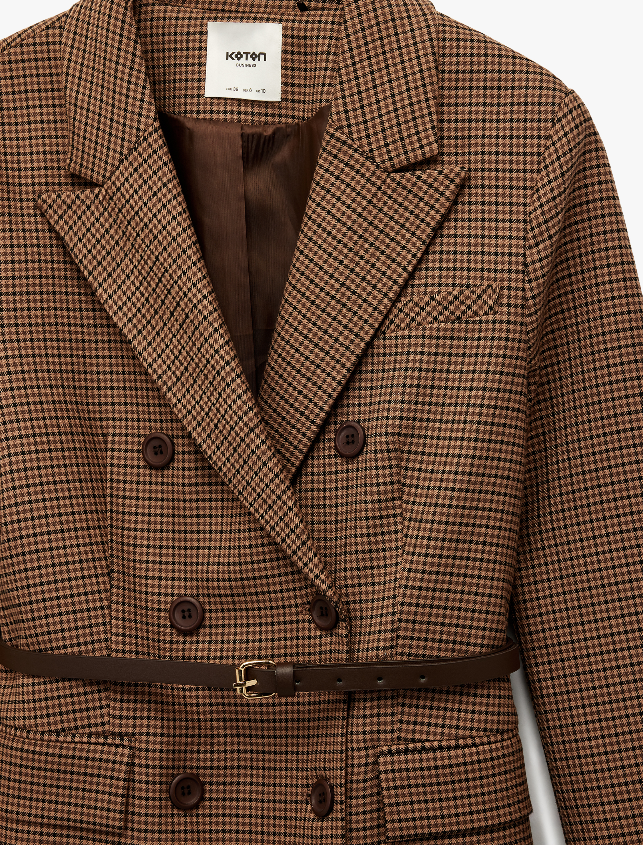   Kemer Detaylı Düğmeli Cepli Kruvaze Yaka Ekoseli Blazer Ceket