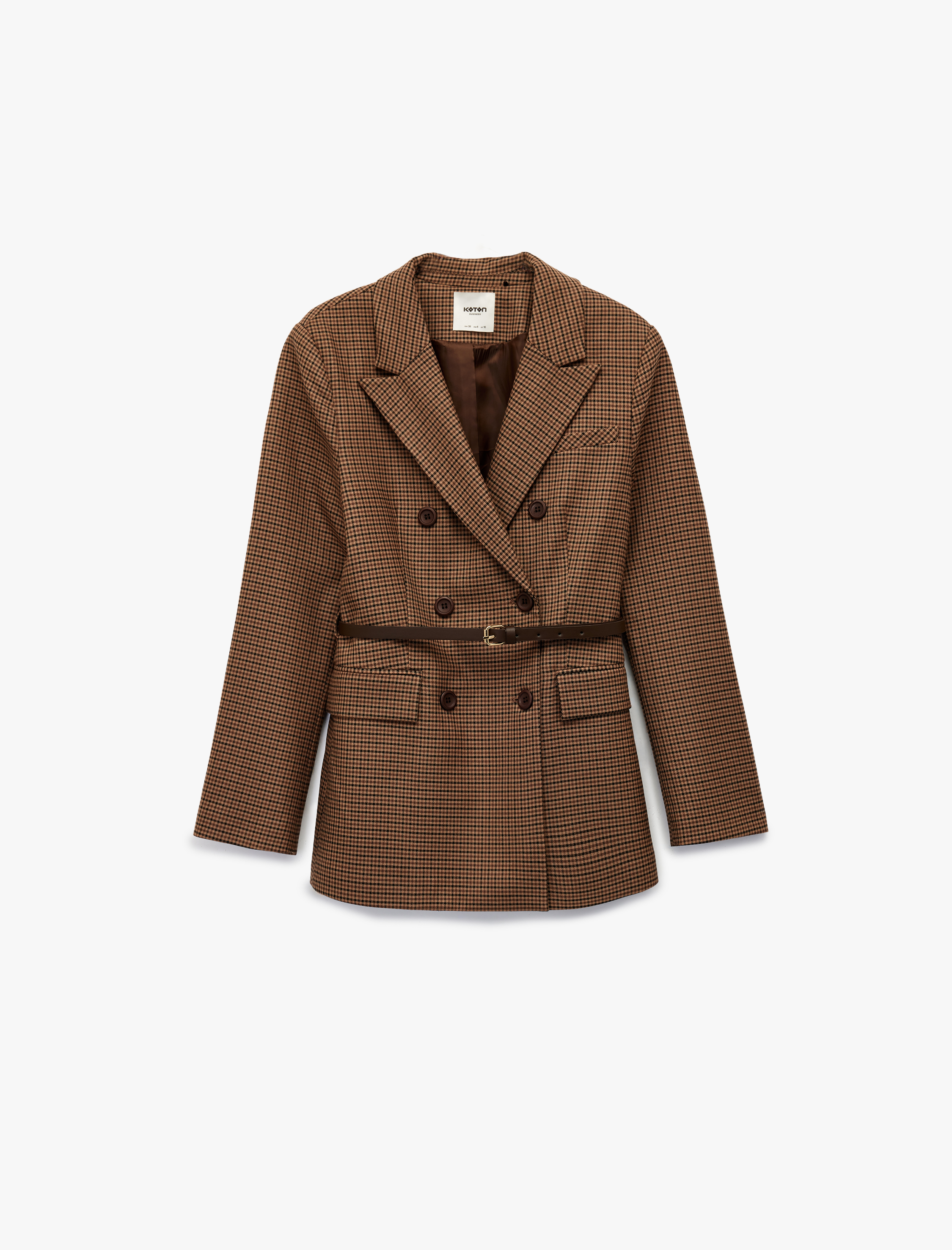   Kemer Detaylı Düğmeli Cepli Kruvaze Yaka Ekoseli Blazer Ceket