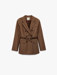 Kemer Detaylı Düğmeli Cepli Kruvaze Yaka Ekoseli Blazer Ceket