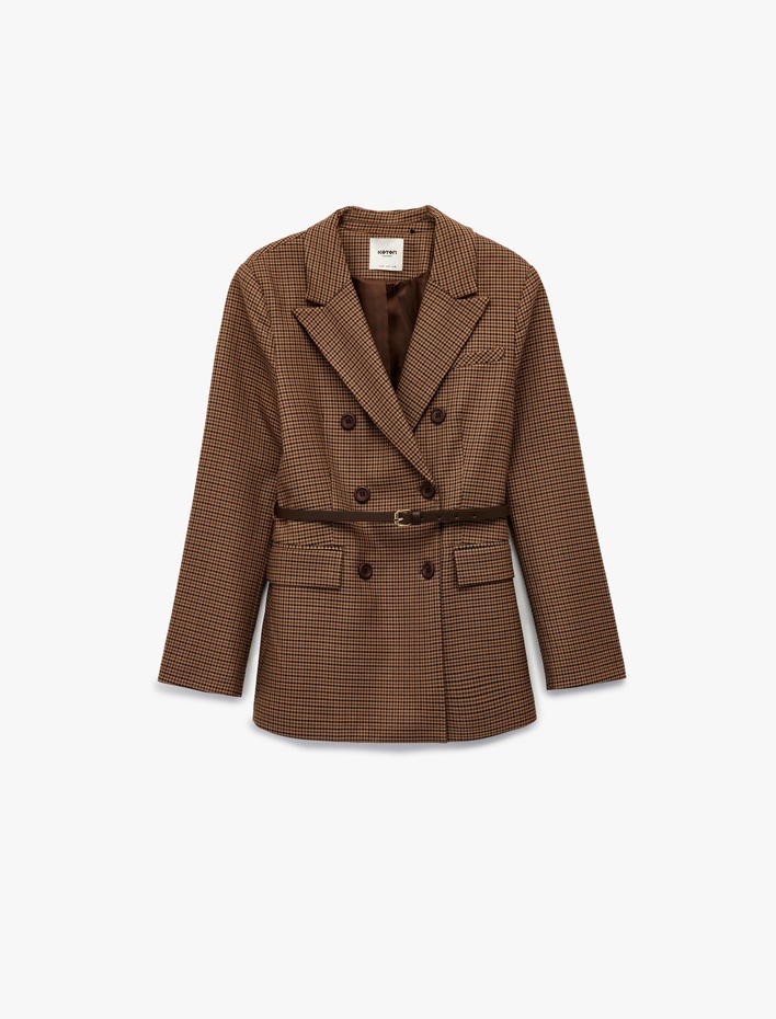  Kemer Detaylı Düğmeli Cepli Kruvaze Yaka Ekoseli Blazer Ceket