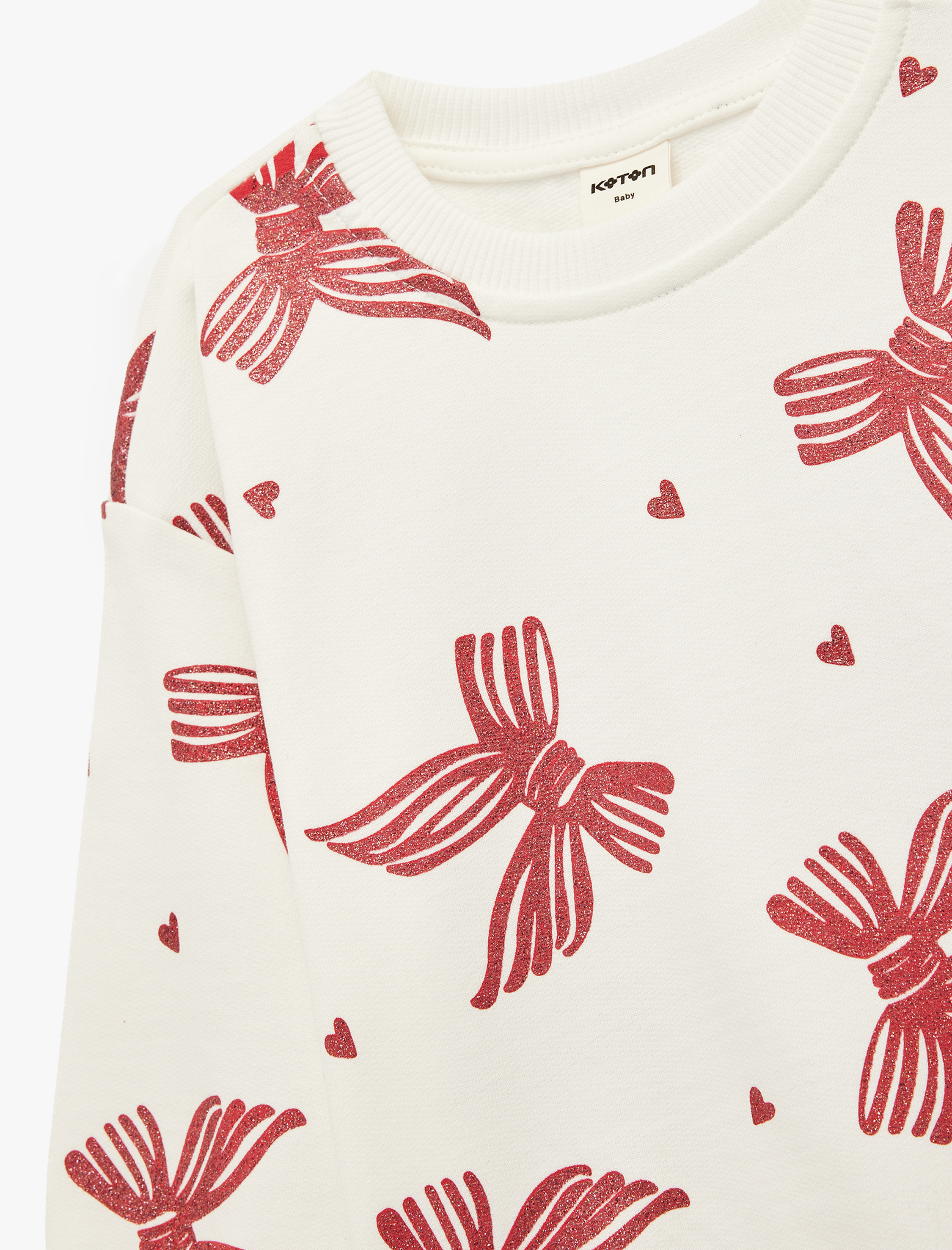  Kız Bebek Fiyonk Baskılı Uzun Kollu Bisiklet Yaka Pamuklu Şardonlu Yılbaşı Sweatshirt