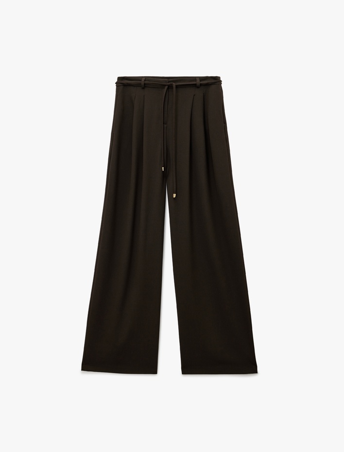  Pile Detaylı Cepli Kemerli Geniş Paça Palazzo Pantolon