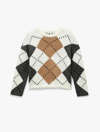 Uzun Kollu Bisiklet Yaka Baklava Desenli Triko Kazak