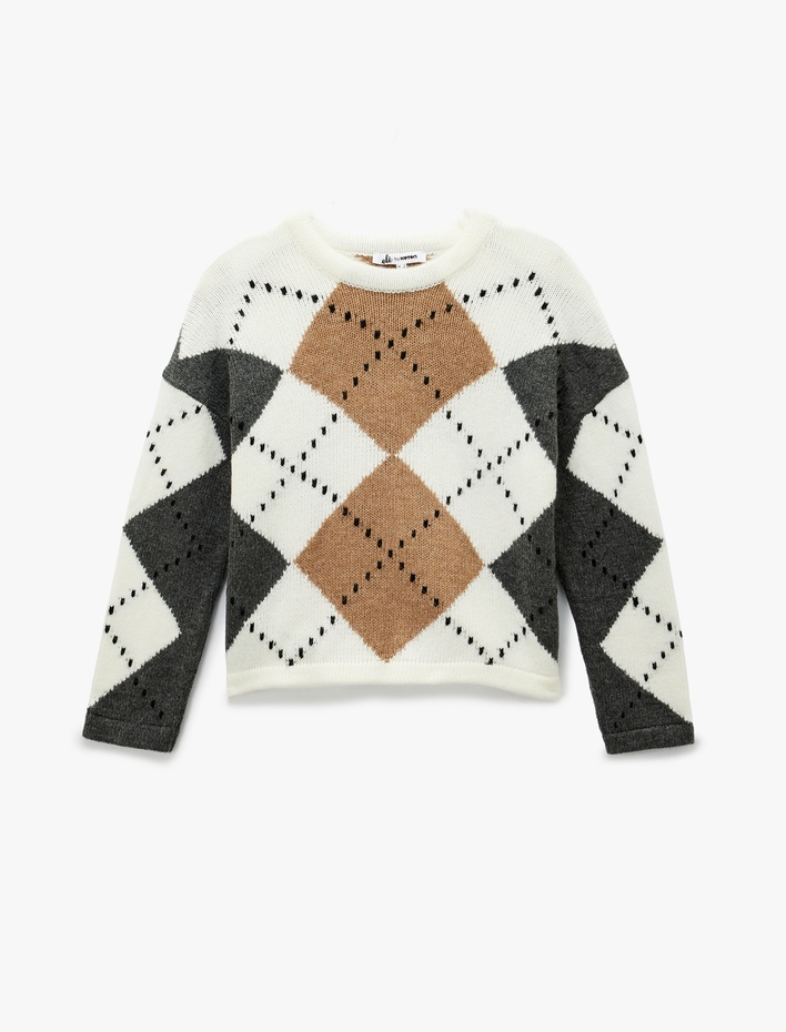  Uzun Kollu Bisiklet Yaka Baklava Desenli Triko Kazak