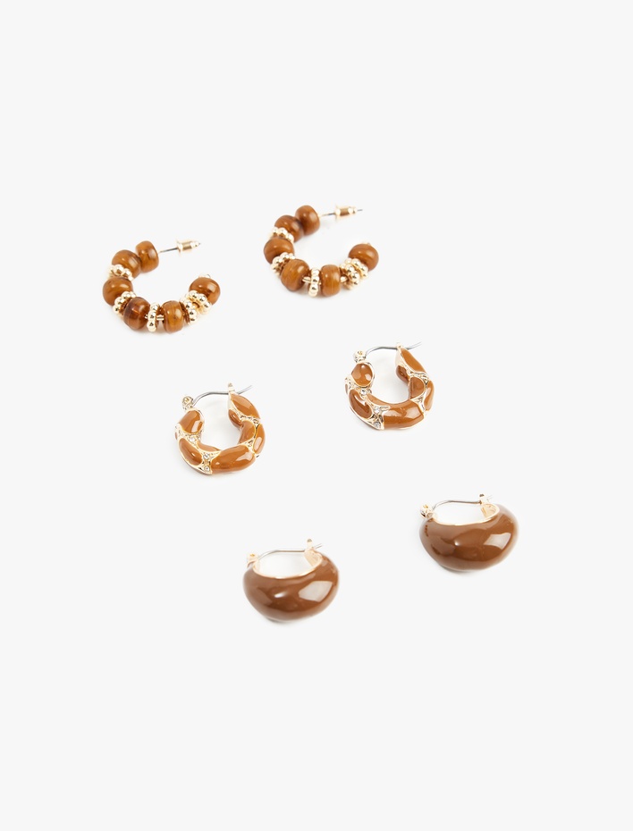 Kadın Boncuklu Taş Detaylı Çelik Karışımlı 3'lü Halka Küpe Seti