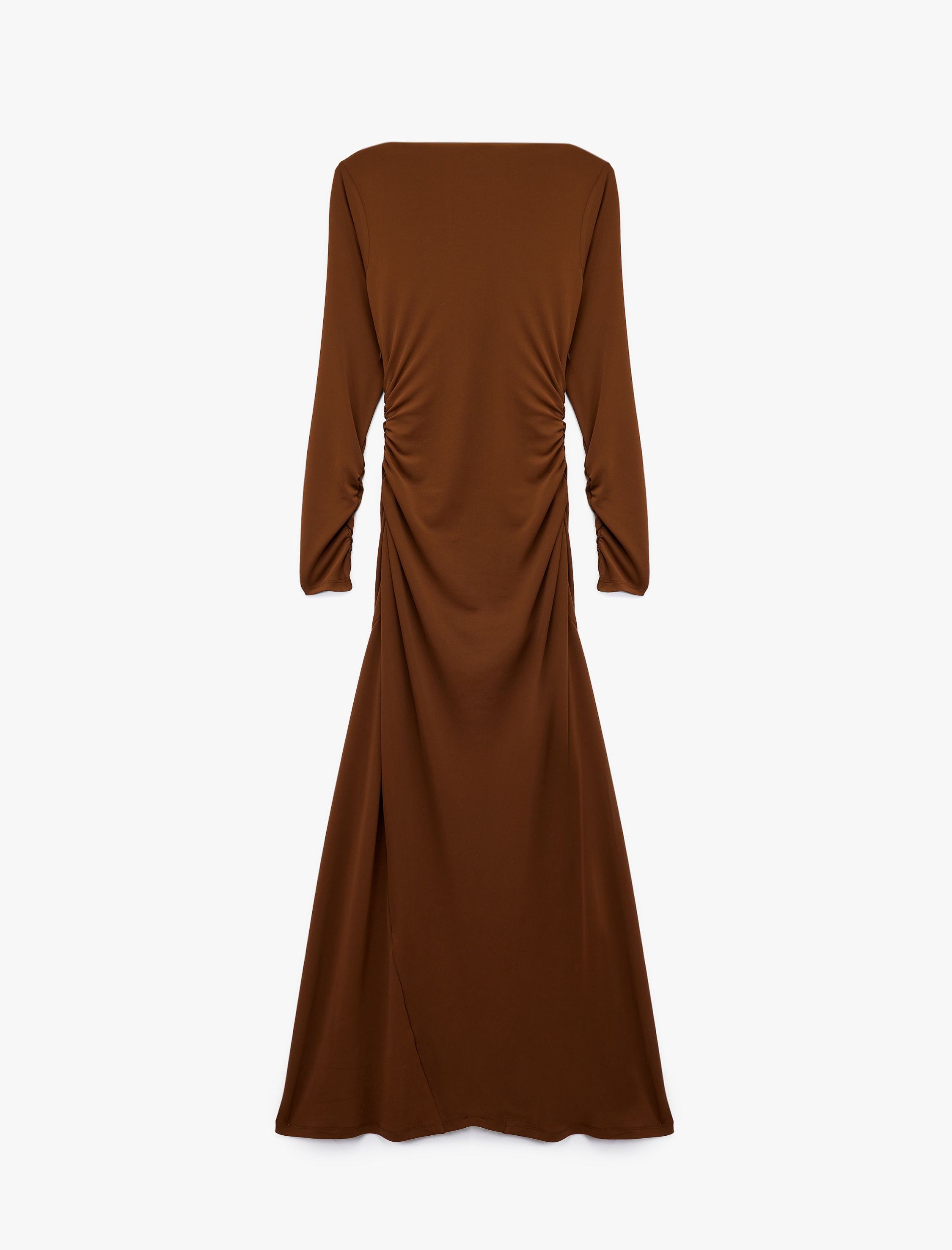   Slim Fit Drape Detaylı Uzun Kollu Kayık Yaka Uzun Elbise