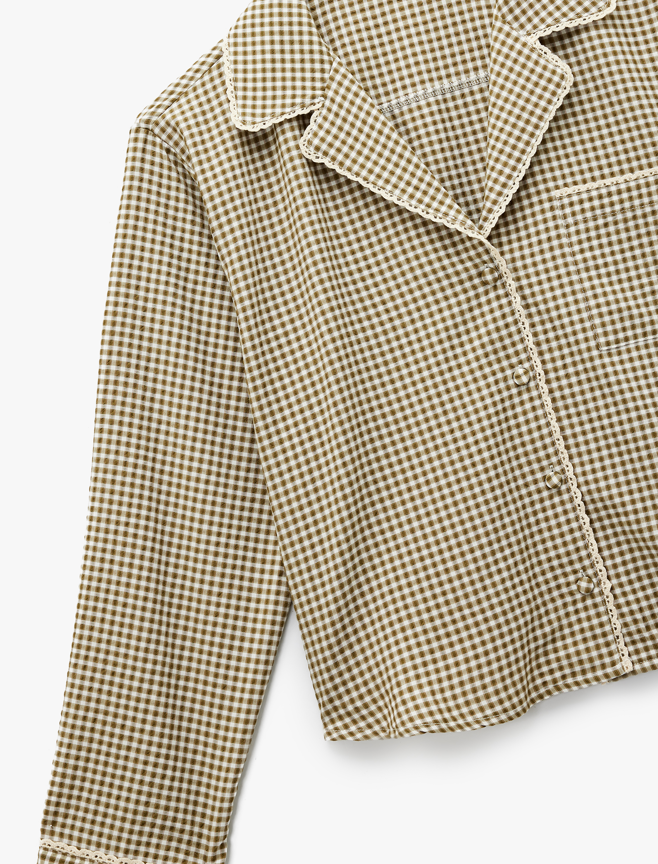   Rahat Kalıp Uzun Kollu Gömlek Yaka Crop Ekoseli Pijama Üstü