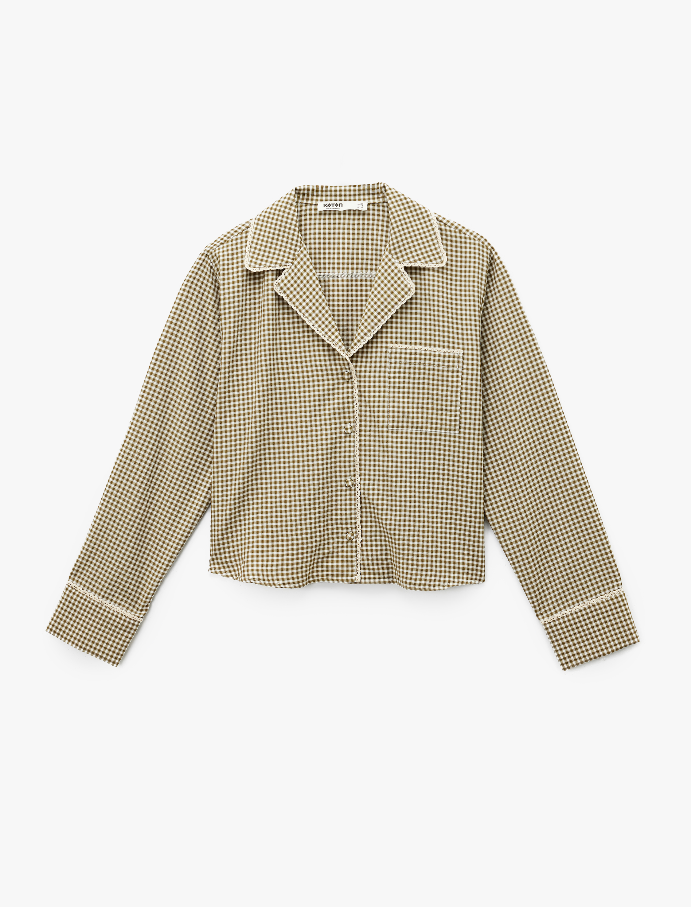   Rahat Kalıp Uzun Kollu Gömlek Yaka Crop Ekoseli Pijama Üstü