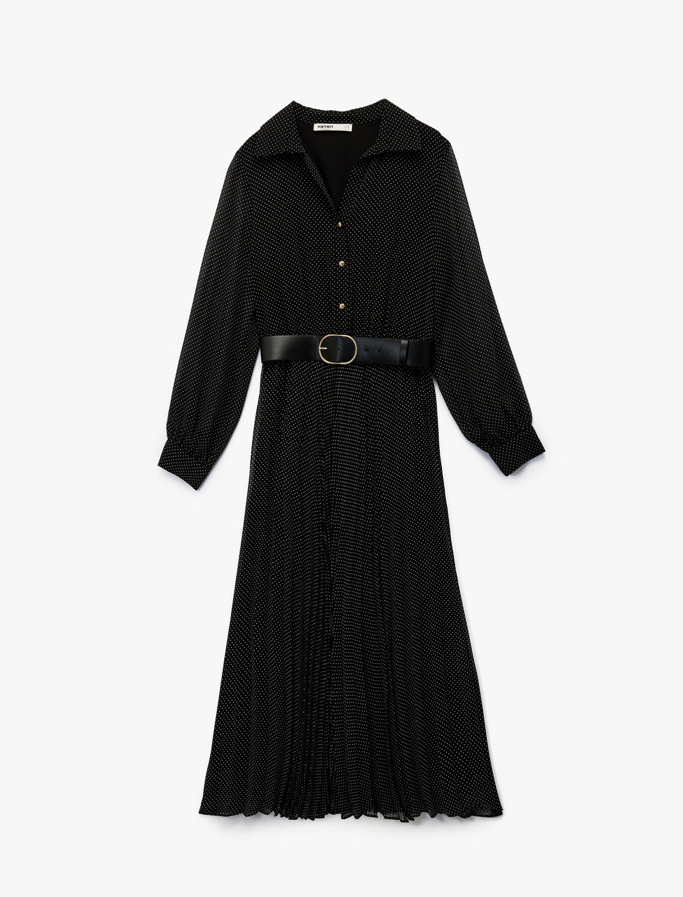   Düğmeli Kemer Detaylı Uzun Kollu Midi Pileli Puantiyeli Gömlek Elbise