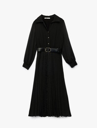 Düğmeli Kemer Detaylı Uzun Kollu Midi Pileli Puantiyeli Gömlek Elbise