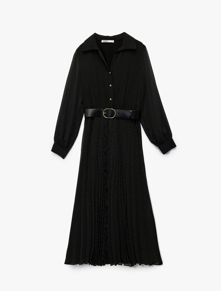  Düğmeli Kemer Detaylı Uzun Kollu Midi Pileli Puantiyeli Gömlek Elbise