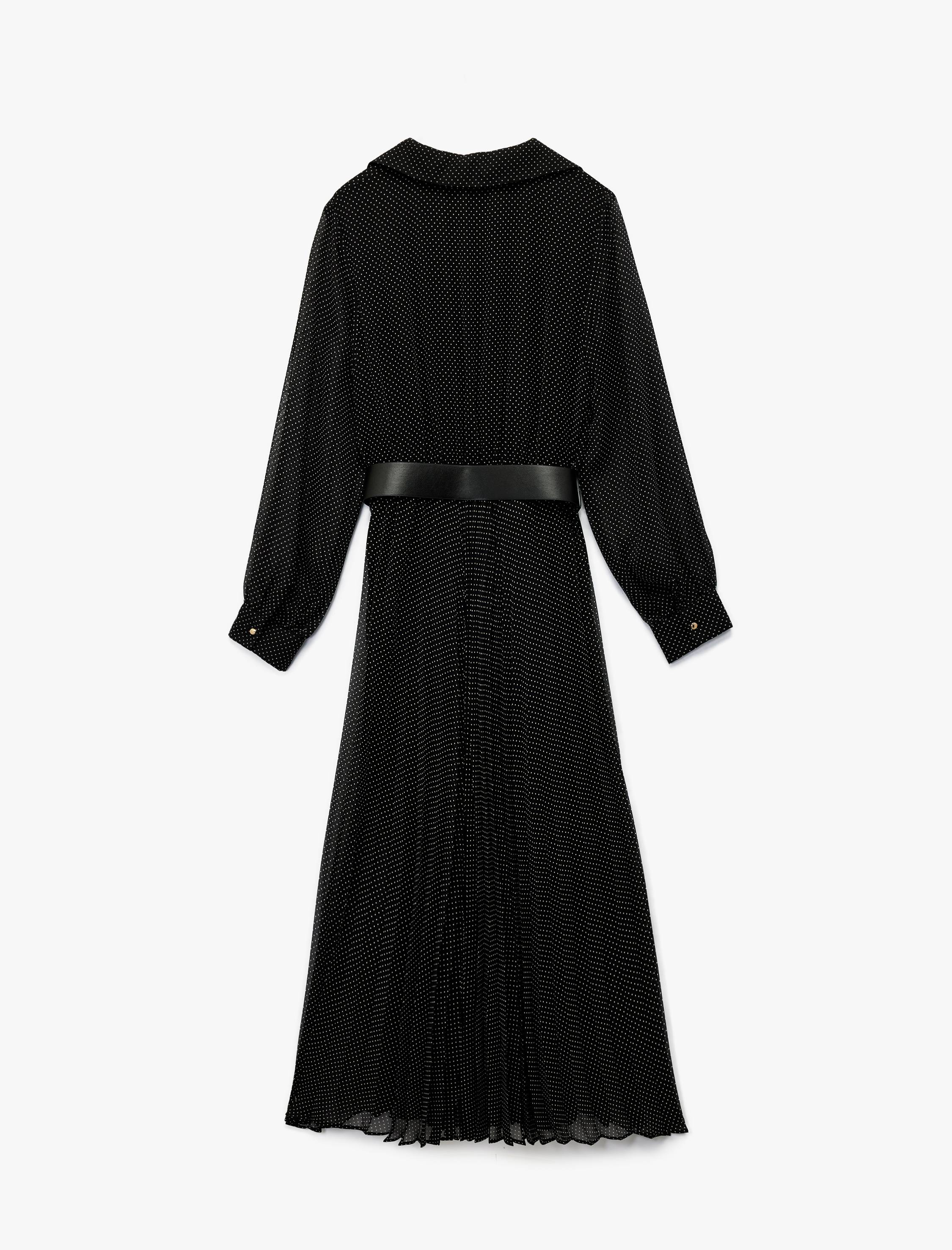   Düğmeli Kemer Detaylı Uzun Kollu Midi Pileli Puantiyeli Gömlek Elbise