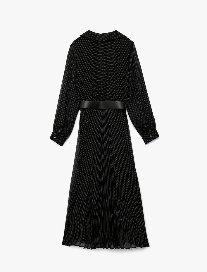  Düğmeli Kemer Detaylı Uzun Kollu Midi Pileli Puantiyeli Gömlek Elbise