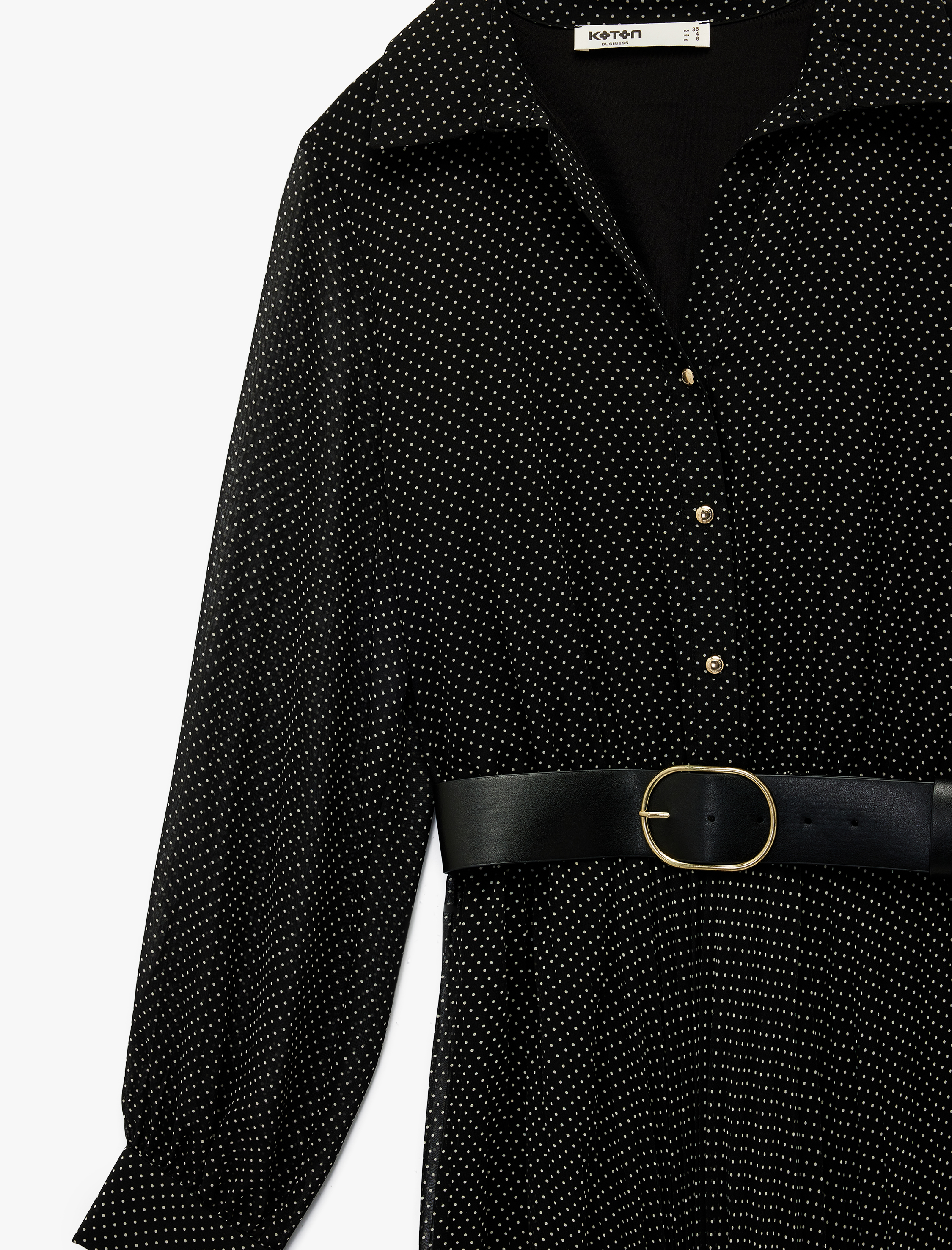   Düğmeli Kemer Detaylı Uzun Kollu Midi Pileli Puantiyeli Gömlek Elbise