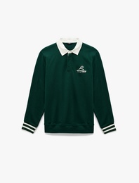 Regular Fit Renk Kontrastlı Çizgili Polo Yaka Baskılı Sweatshirt