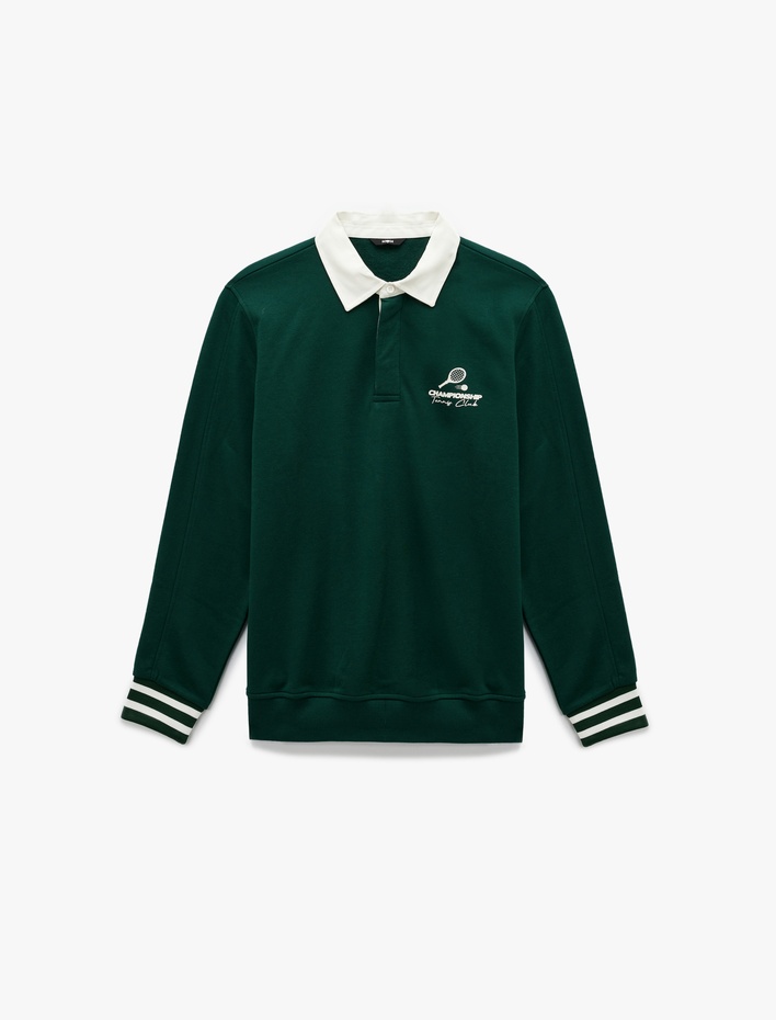  Regular Fit Renk Kontrastlı Çizgili Polo Yaka Baskılı Sweatshirt