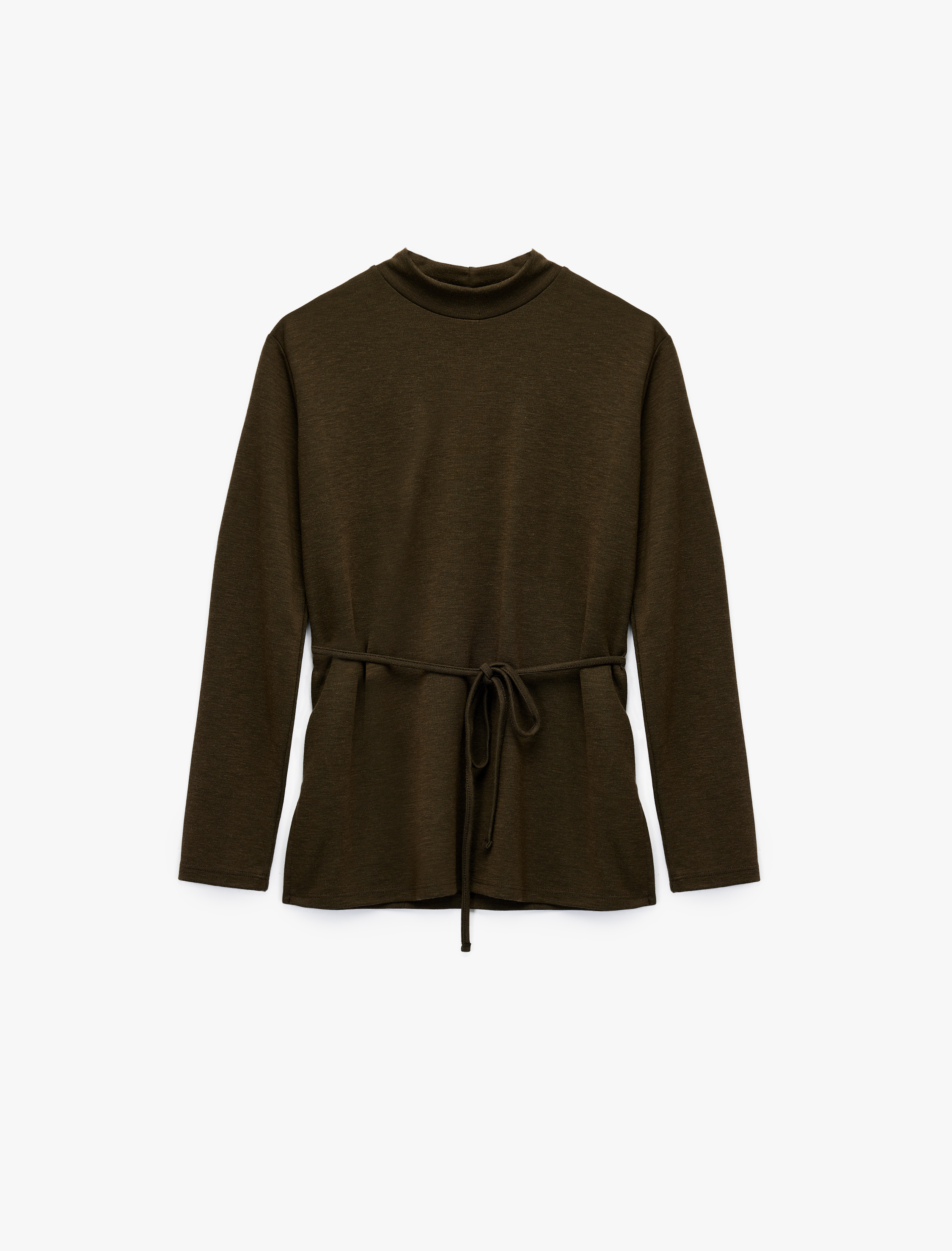   Slim Fit Uzun Kollu Hafif Dik Yaka Kemerli Tişört