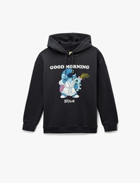 Stitch Lisanslı Kapüşonlu Uzun Kollu Baskılı Oversize Sweatshirt