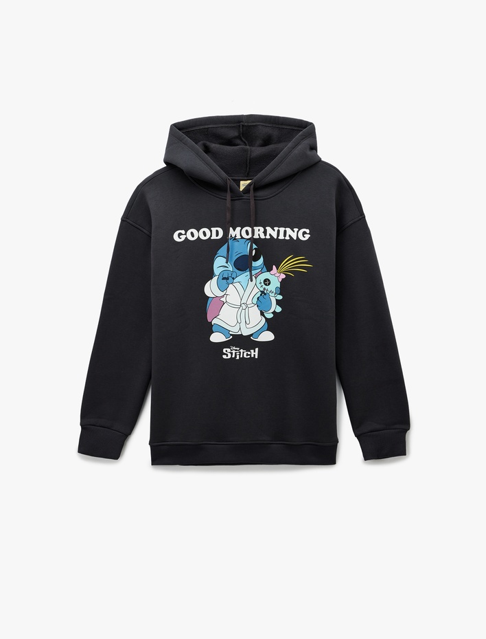  Stitch Lisanslı Kapüşonlu Uzun Kollu Baskılı Oversize Sweatshirt