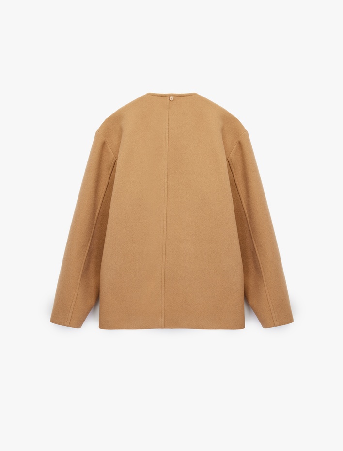  Uzun Kollu Cepli Düğmeli Şal Yaka Atkılı Kaşe Kaban