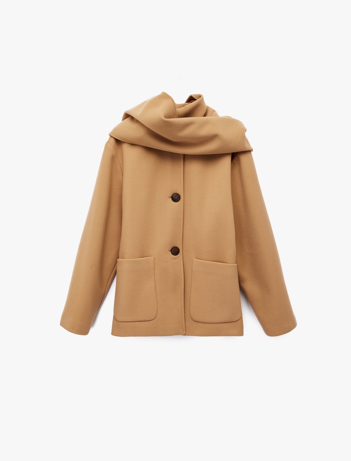  Uzun Kollu Cepli Düğmeli Şal Yaka Atkılı Kaşe Kaban