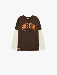 Uzun Kollu Bisiklet Yaka Baskılı Pamuklu Tişört