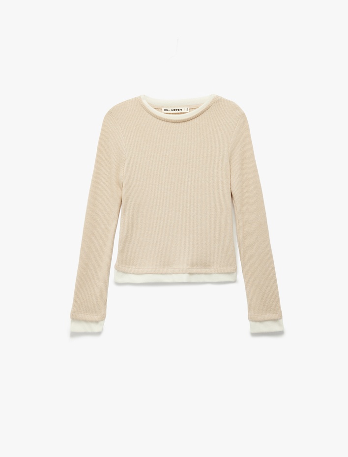  Slim Fit Bisiklet Yaka Viskon Karışımlı Uzun Kollu Tişört