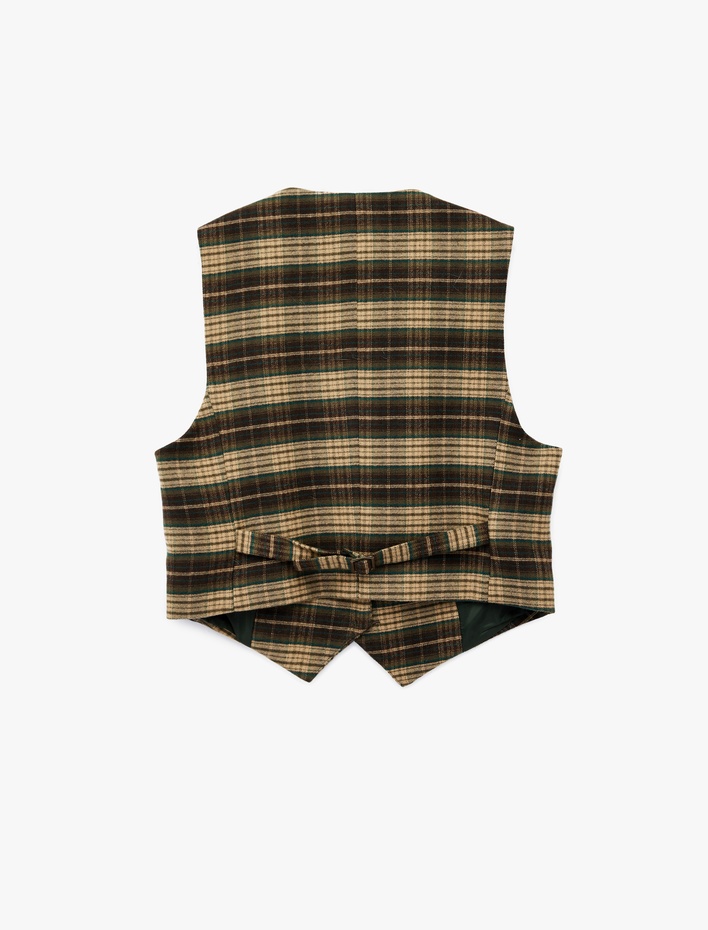  Regular Fit Düğmeli V Yaka Ekose Blazer Yelek