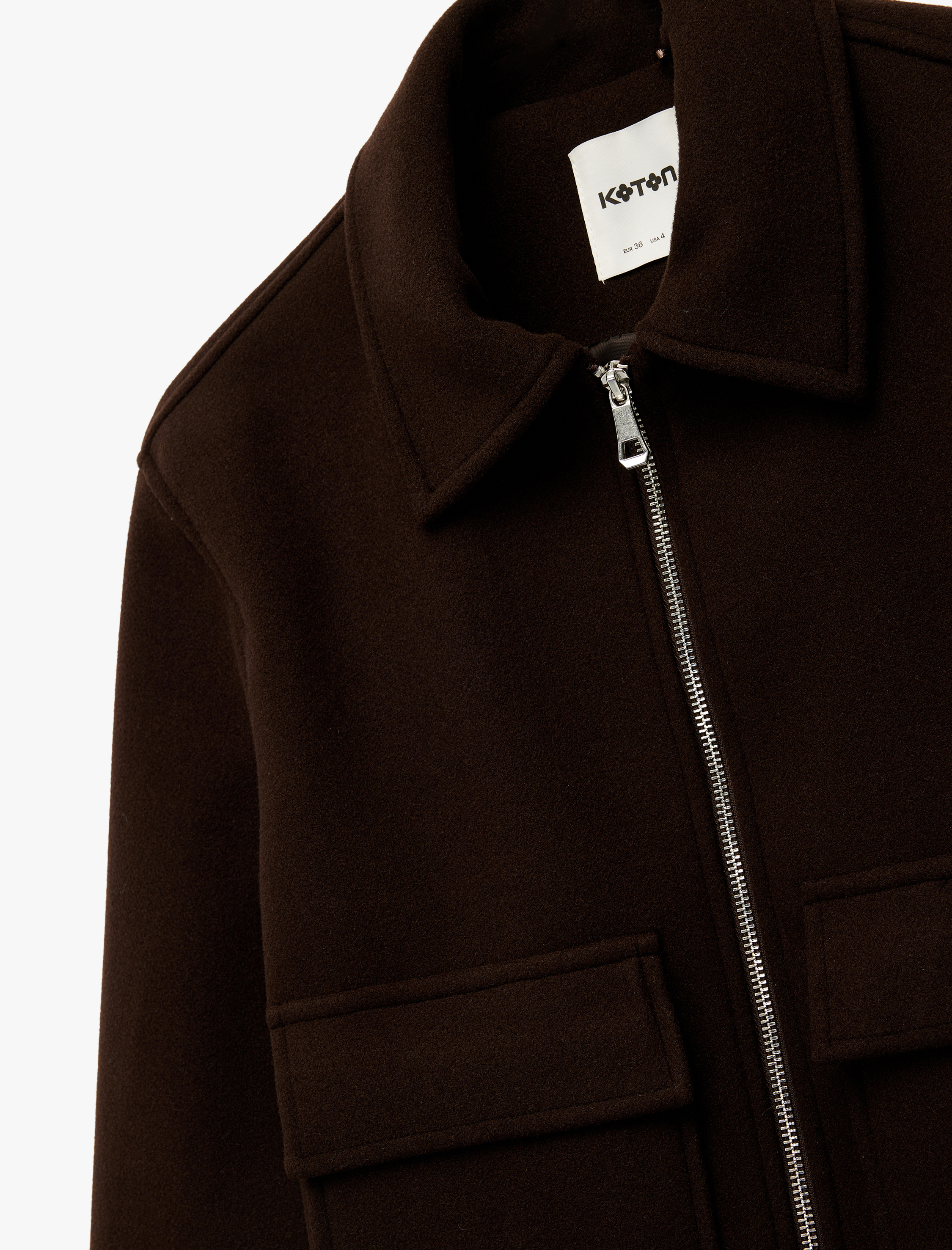   Cepli Uzun Kollu Fermuarlı Crop Kaşe Ceket