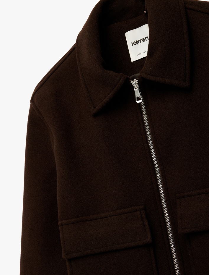  Cepli Uzun Kollu Fermuarlı Crop Kaşe Ceket