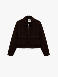 Cepli Uzun Kollu Fermuarlı Crop Kaşe Ceket