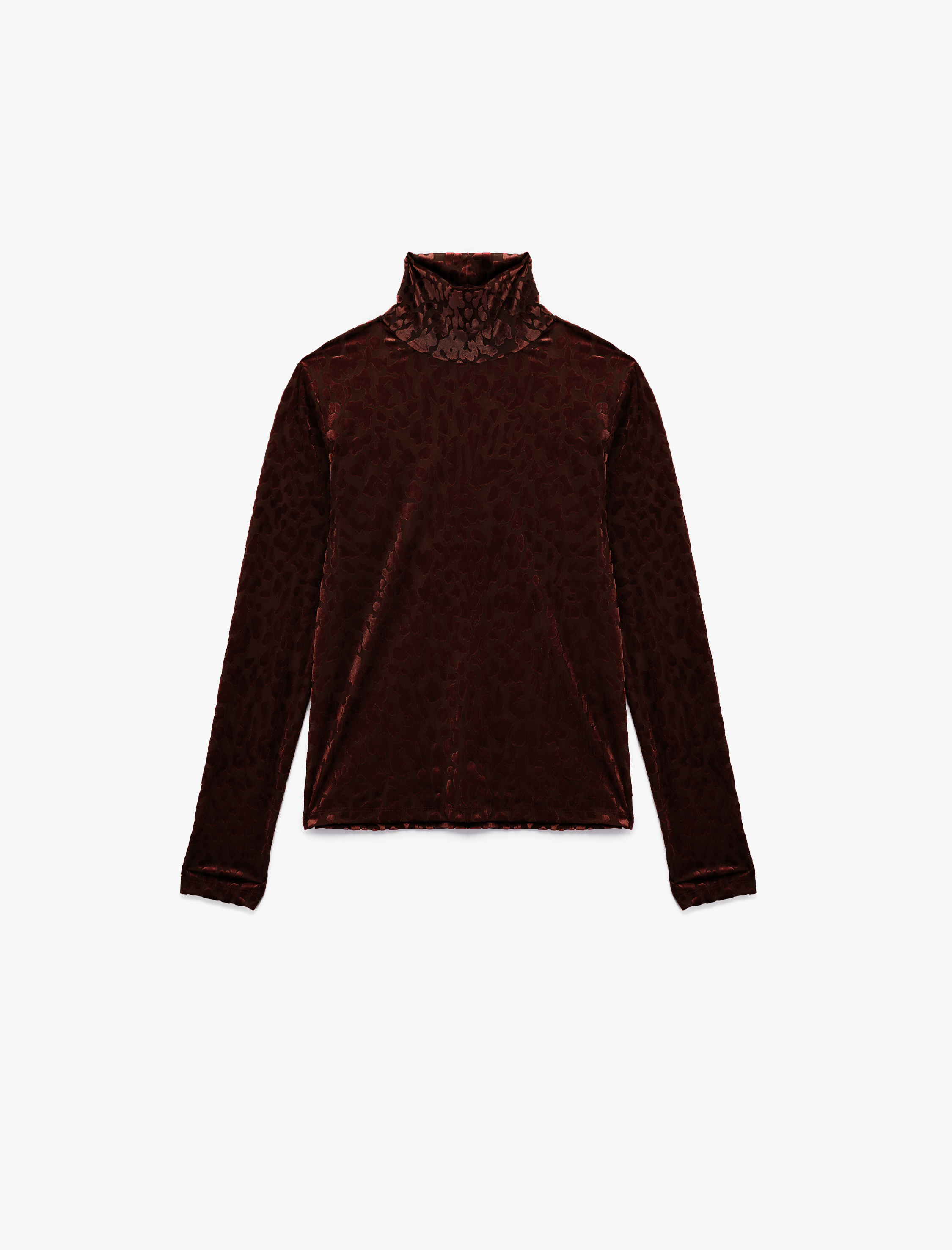   Uzun Kollu Balıkçı Yaka Leopar Desenli Kadife Tişört