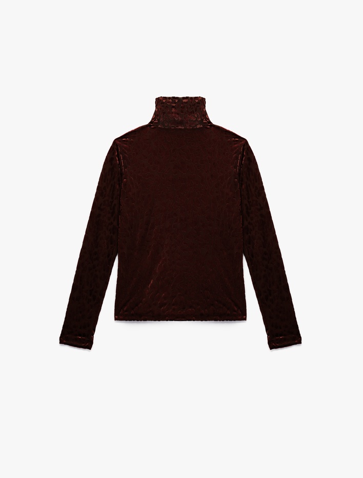  Uzun Kollu Balıkçı Yaka Leopar Desenli Kadife Tişört