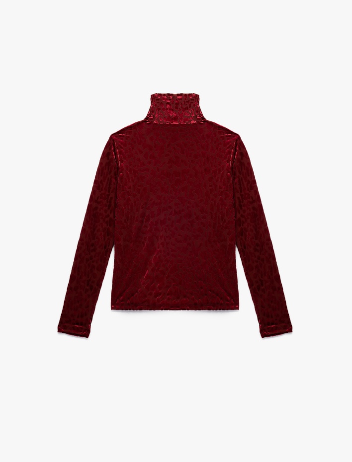  Uzun Kollu Balıkçı Yaka Leopar Desenli Kadife Tişört