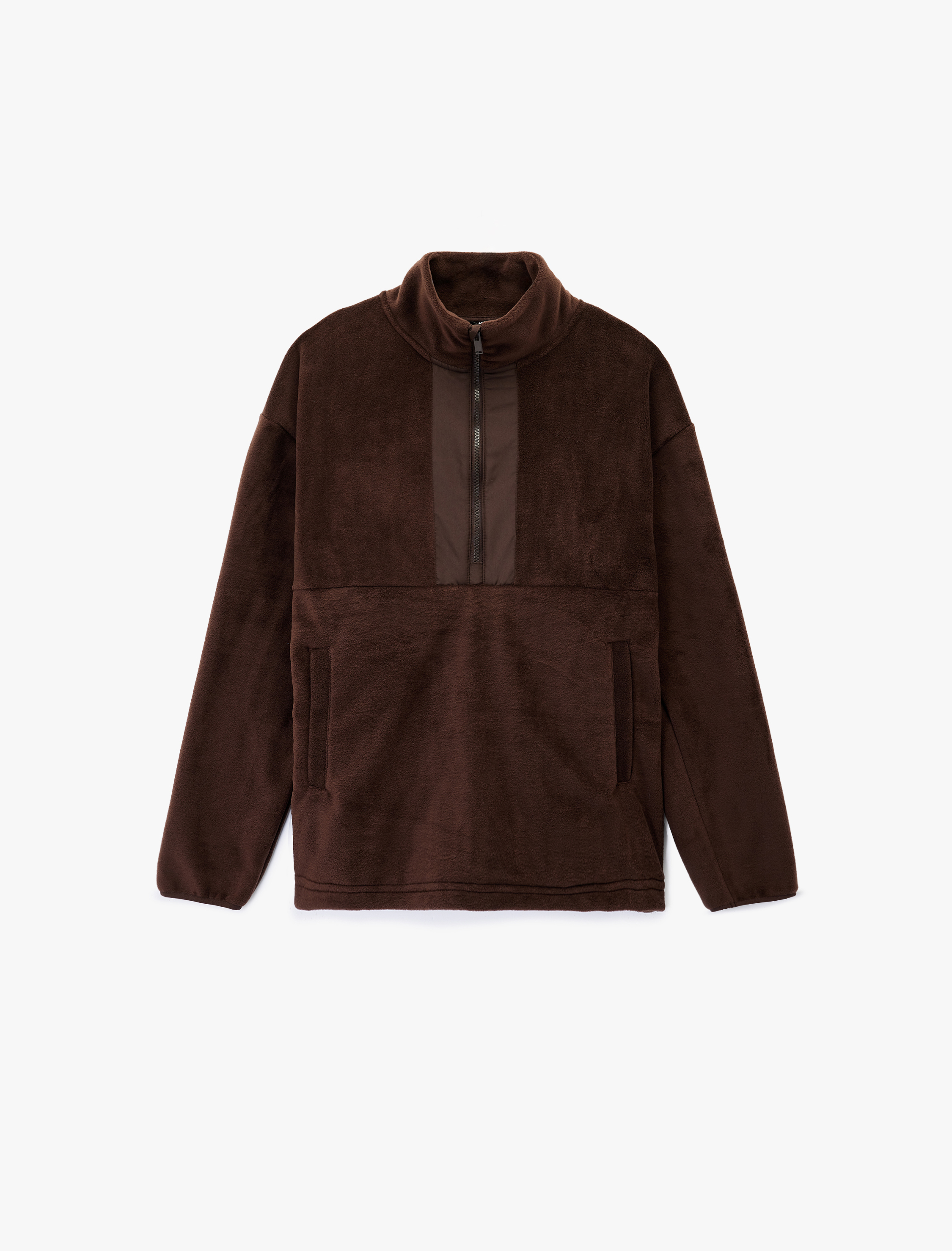   Uzun Kollu Cepli Yarım Fermuarlı Polar Sweatshirt