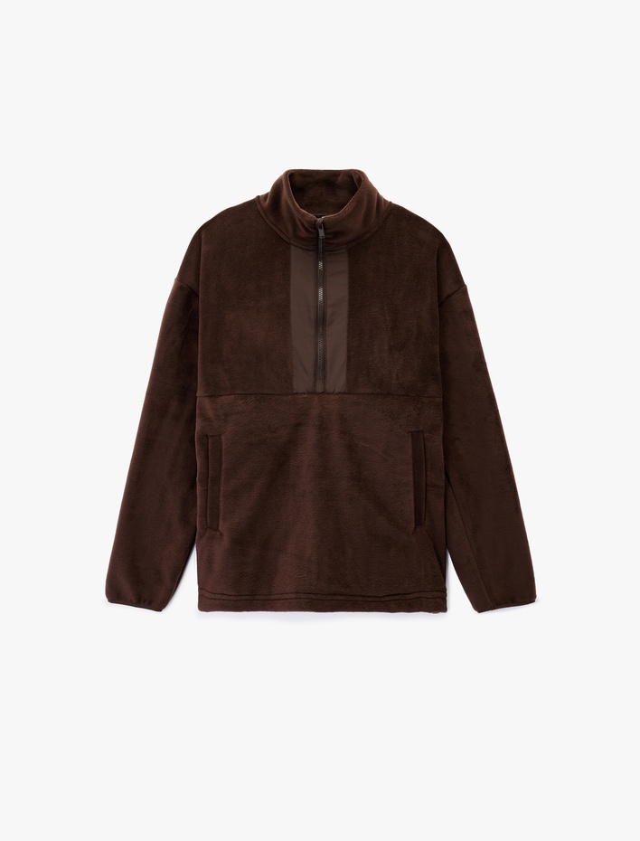  Uzun Kollu Cepli Yarım Fermuarlı Polar Sweatshirt