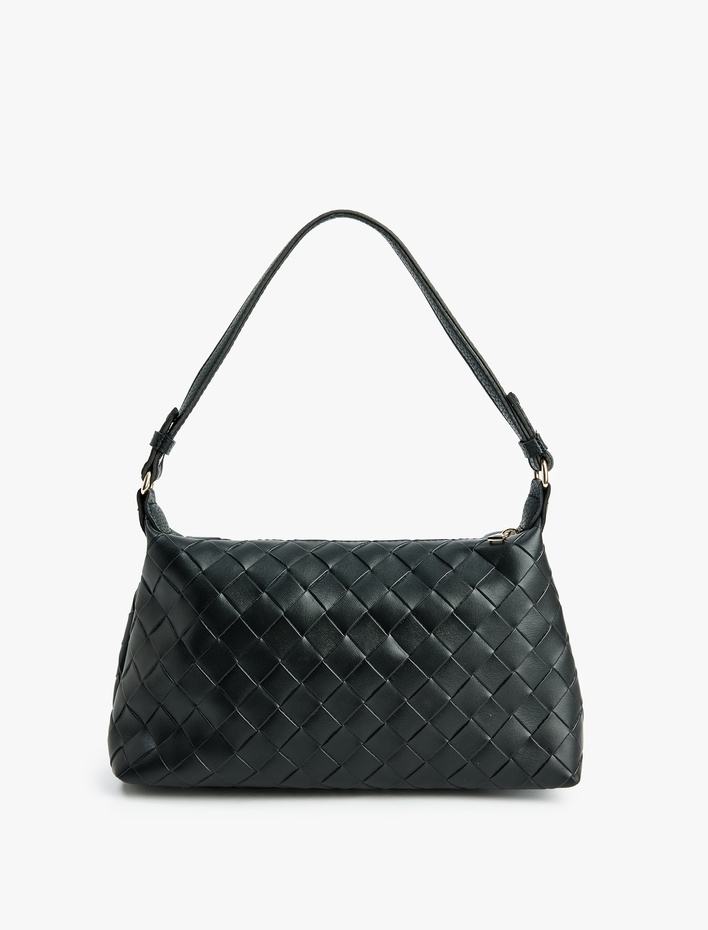 Kadın Örgü Detaylı Fermuarlı Askılı Suni Deri Omuz Çantası