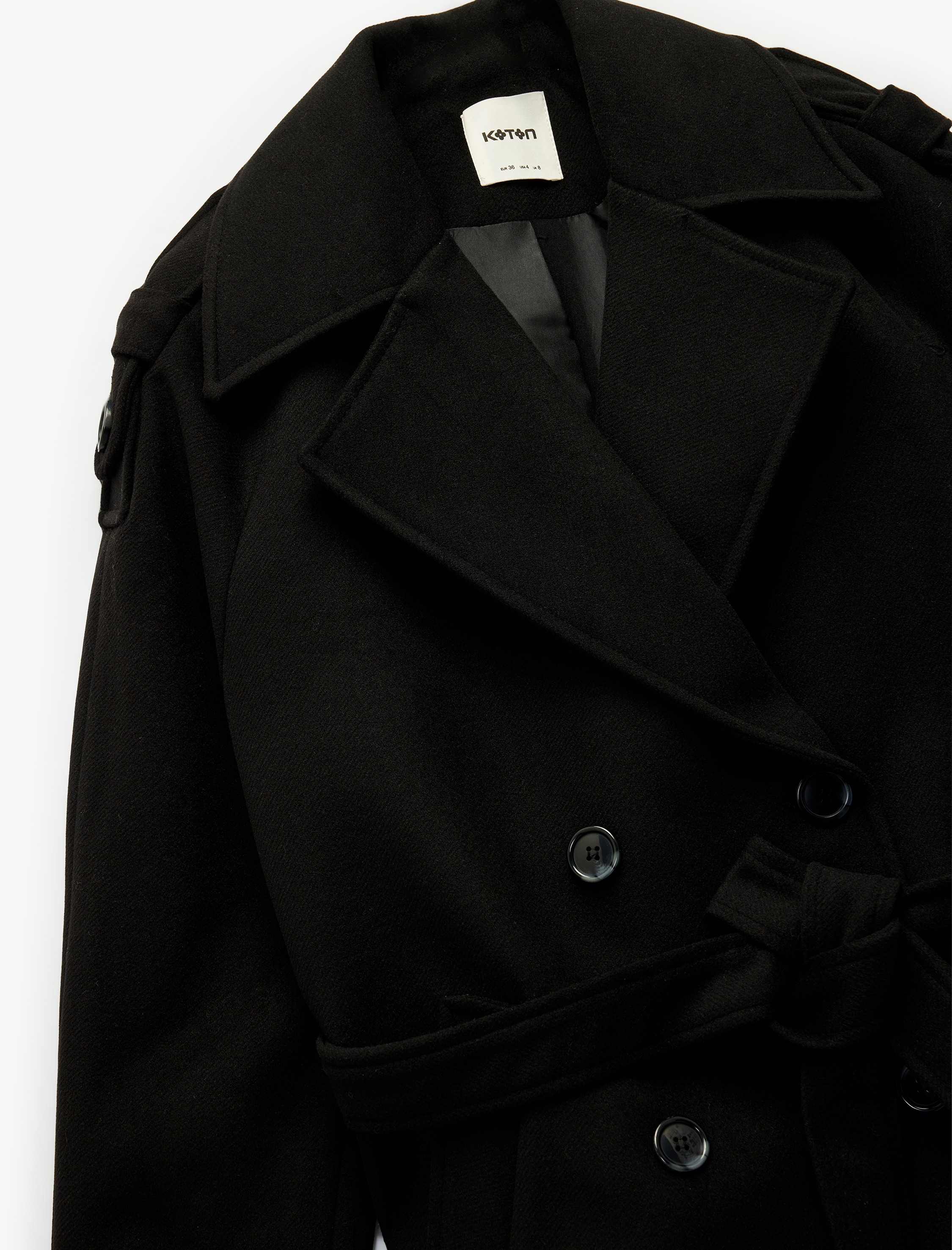   Uzun Kollu Cepli Kruvaze Düğmeli Kemerli Kaşe Kaban