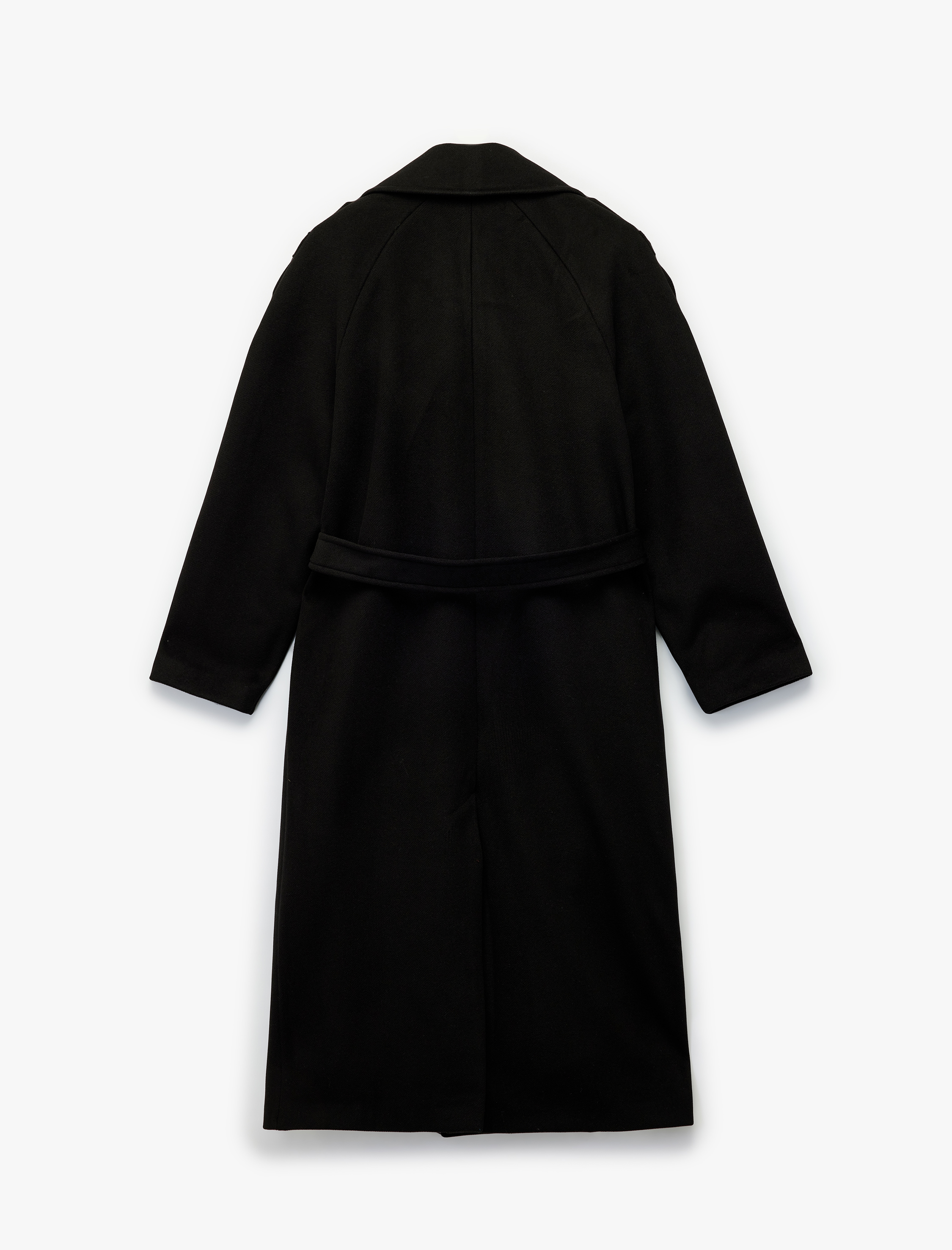   Uzun Kollu Cepli Kruvaze Düğmeli Kemerli Kaşe Kaban