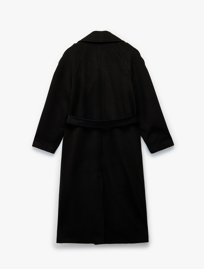  Uzun Kollu Cepli Kruvaze Düğmeli Kemerli Kaşe Kaban