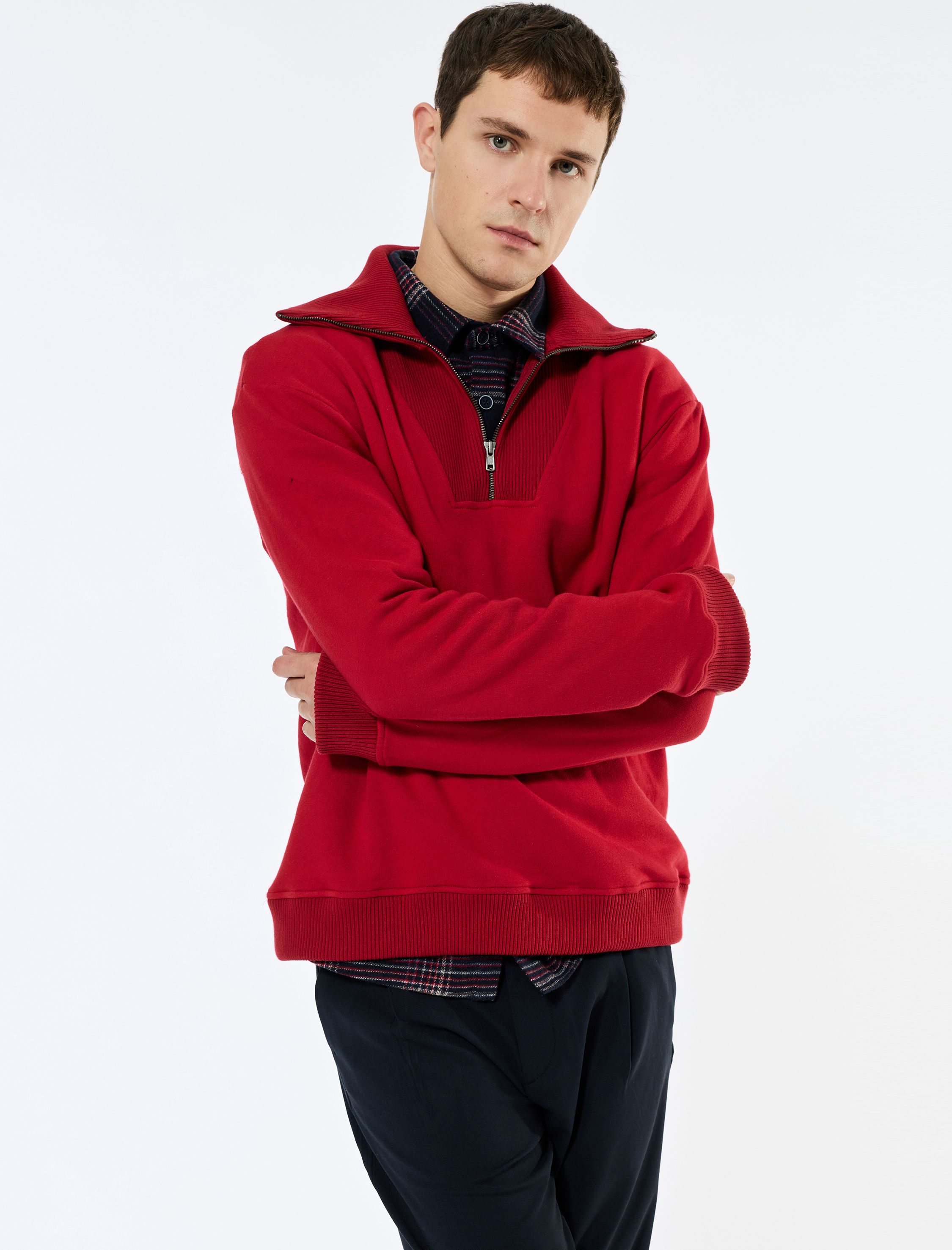   Uzun Kollu Şardonlu Yarım Fermuarlı Sweatshirt