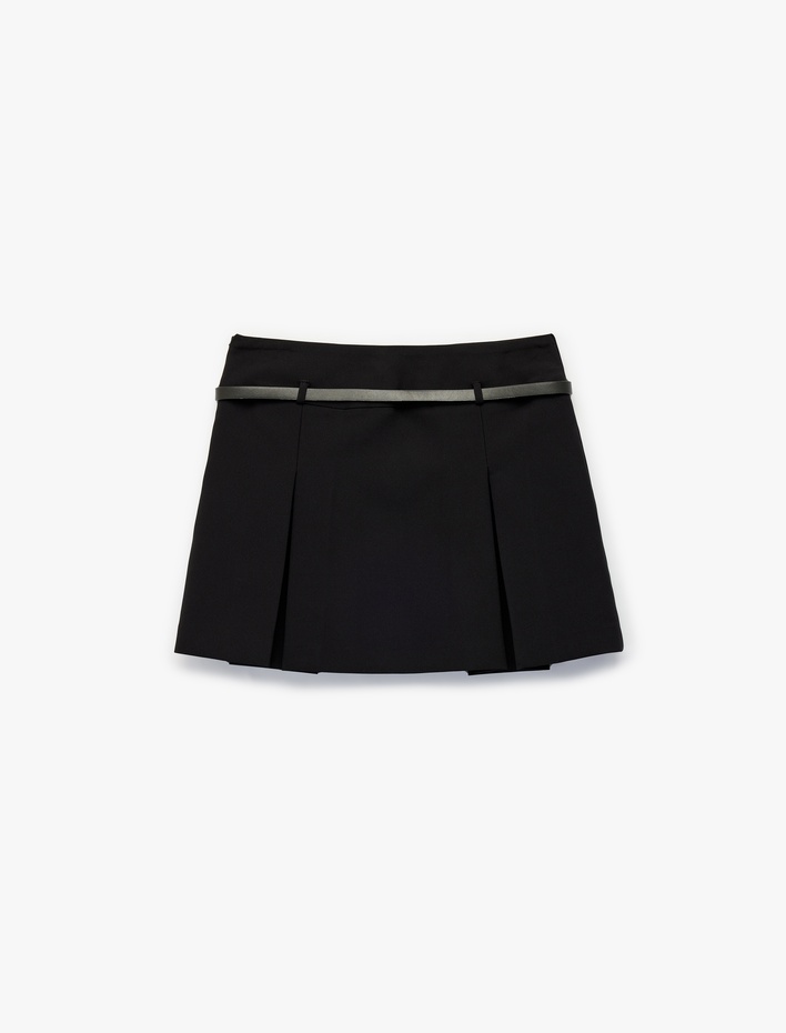  Pile Detaylı Kemerli Mini Etek