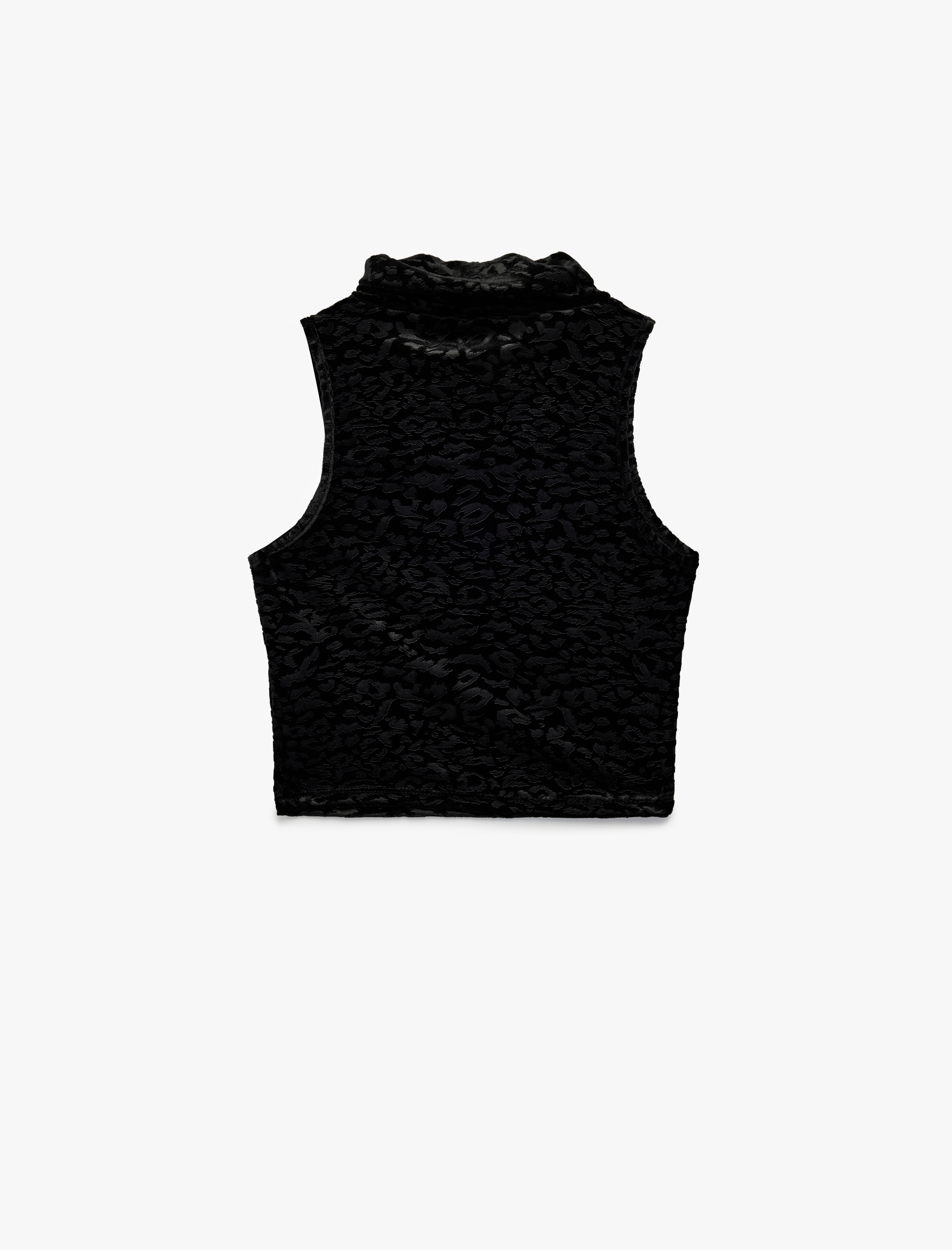   Slim Fit Kolsuz Balıkçı Yaka Leopar Dokulu Crop Kadife Bluz