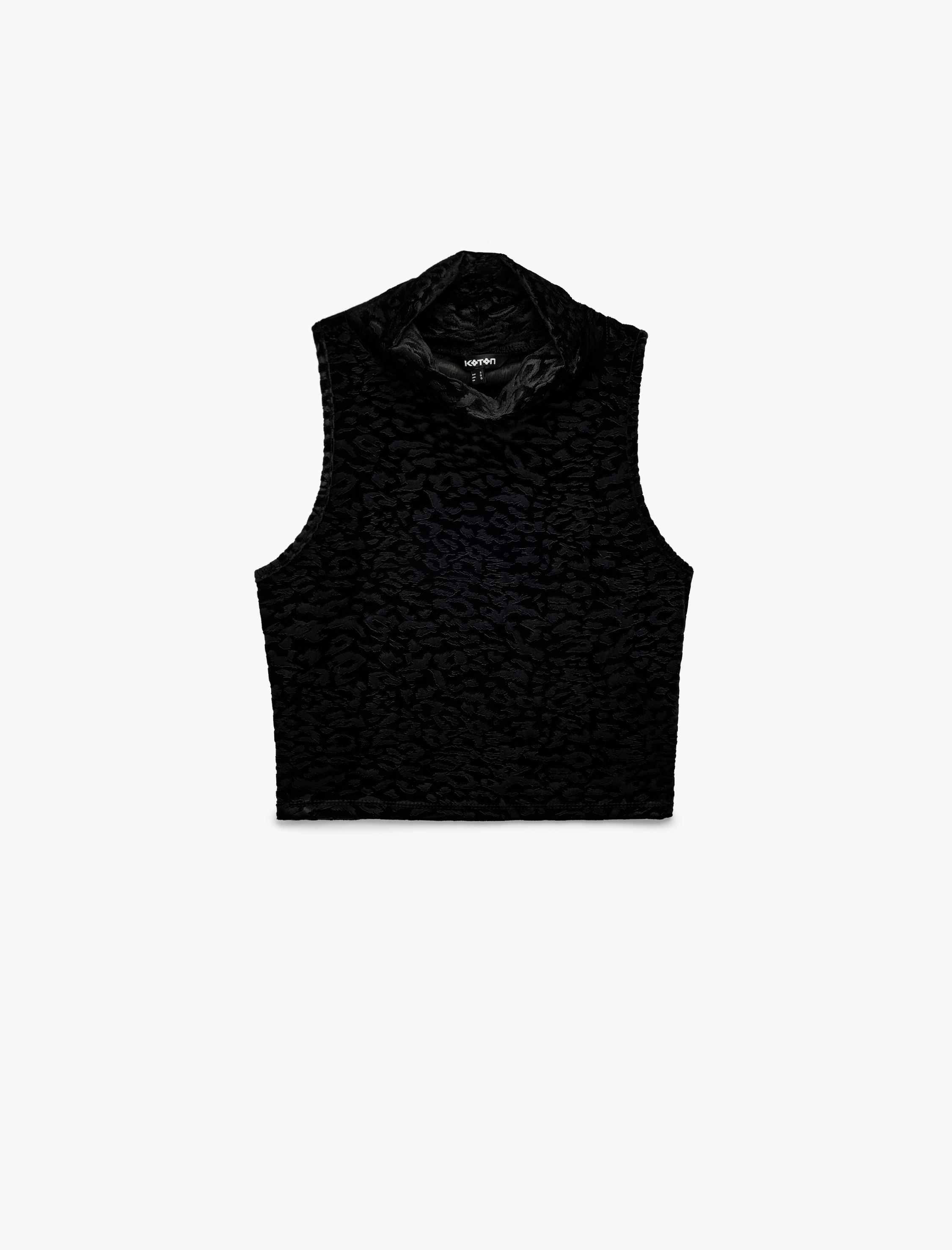   Slim Fit Kolsuz Balıkçı Yaka Leopar Dokulu Crop Kadife Bluz