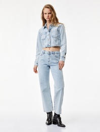 Cepli Düğmeli Normal Bel Pamuklu Taş Detaylı Düz Paça Jean Pantolon - Straight Jeans