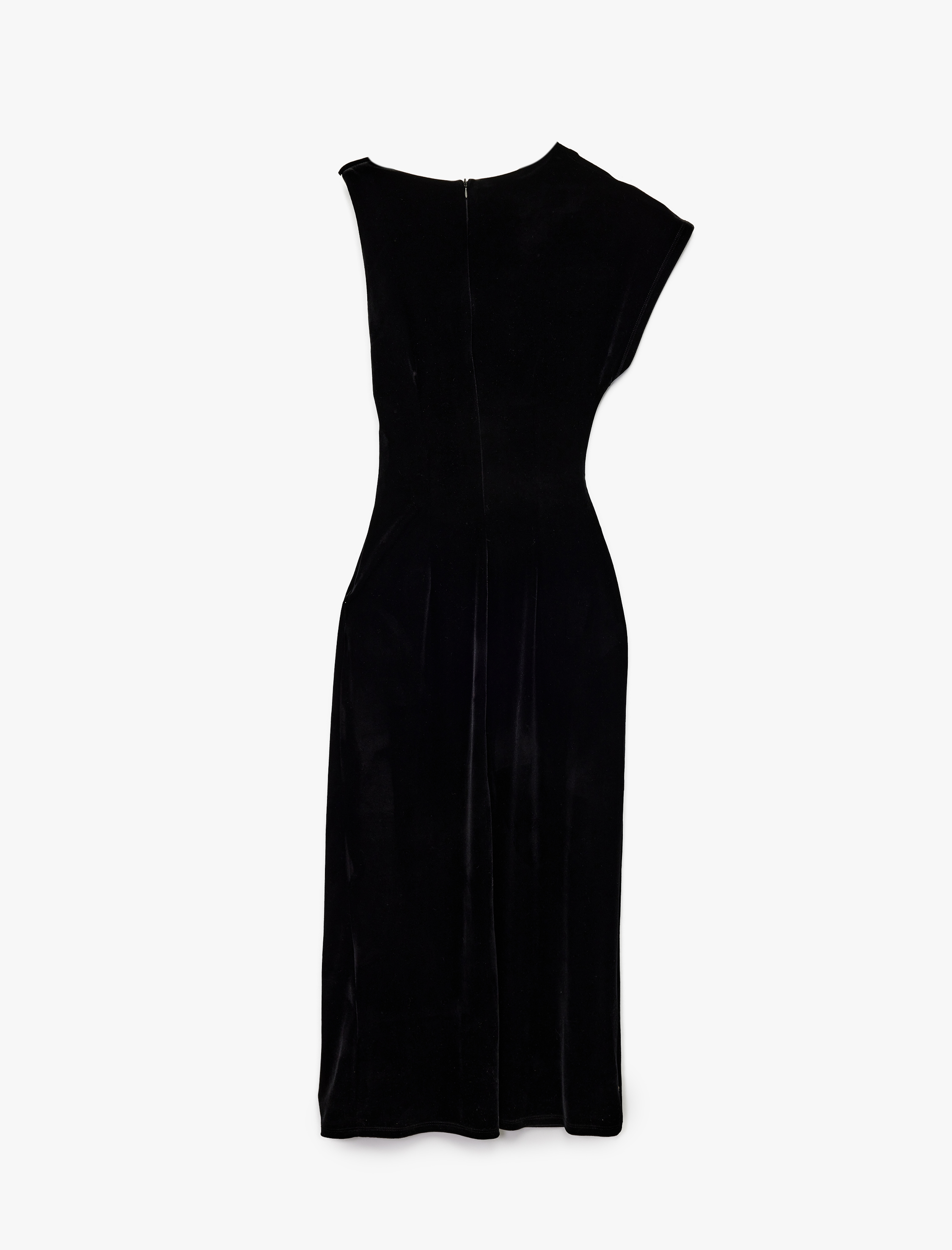   Slim Fit Asimetrik Yaka Düğüm Detaylı Kruvaze Kadife Elbise