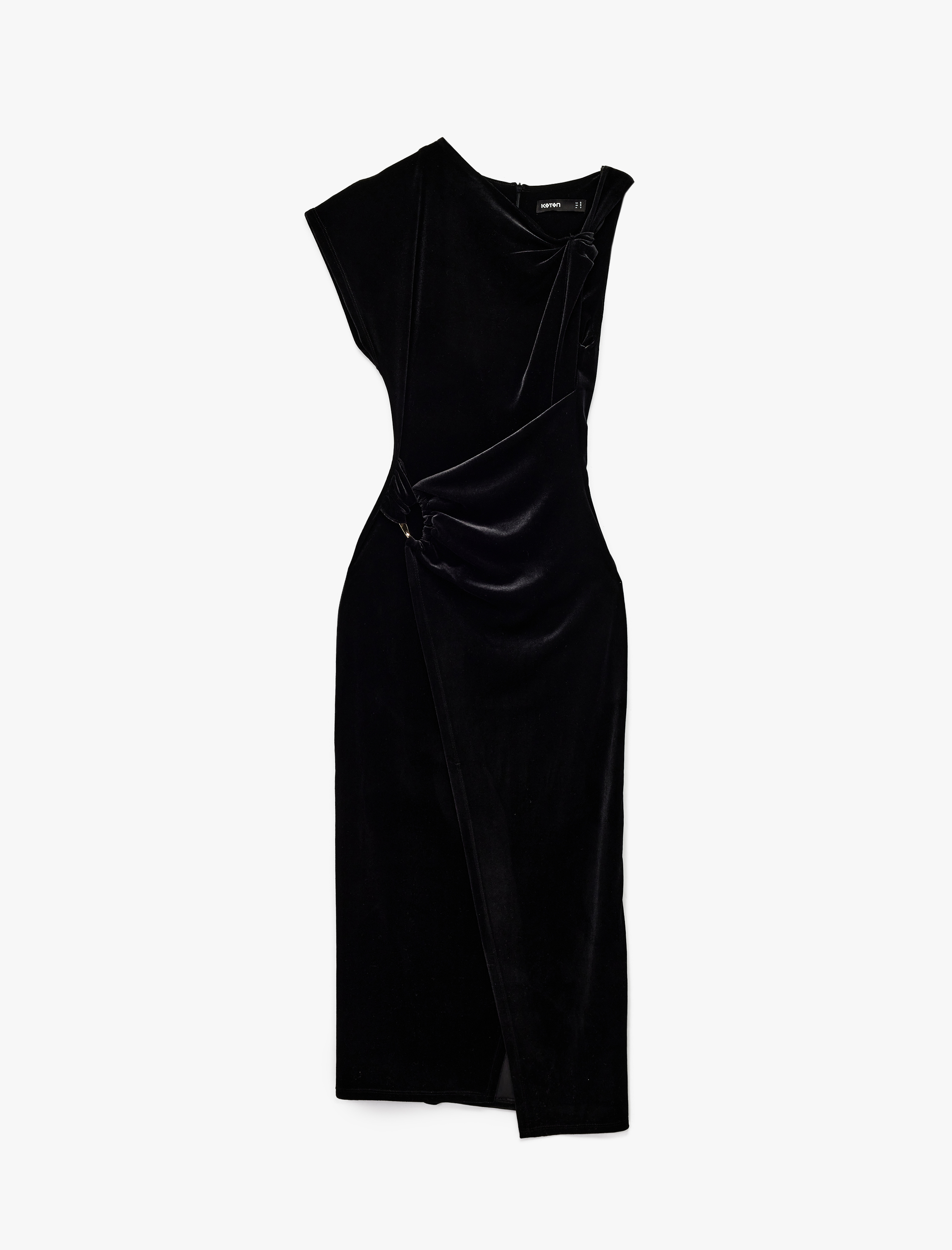   Slim Fit Asimetrik Yaka Düğüm Detaylı Kruvaze Kadife Elbise