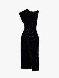 Slim Fit Asimetrik Yaka Düğüm Detaylı Kruvaze Kadife Elbise