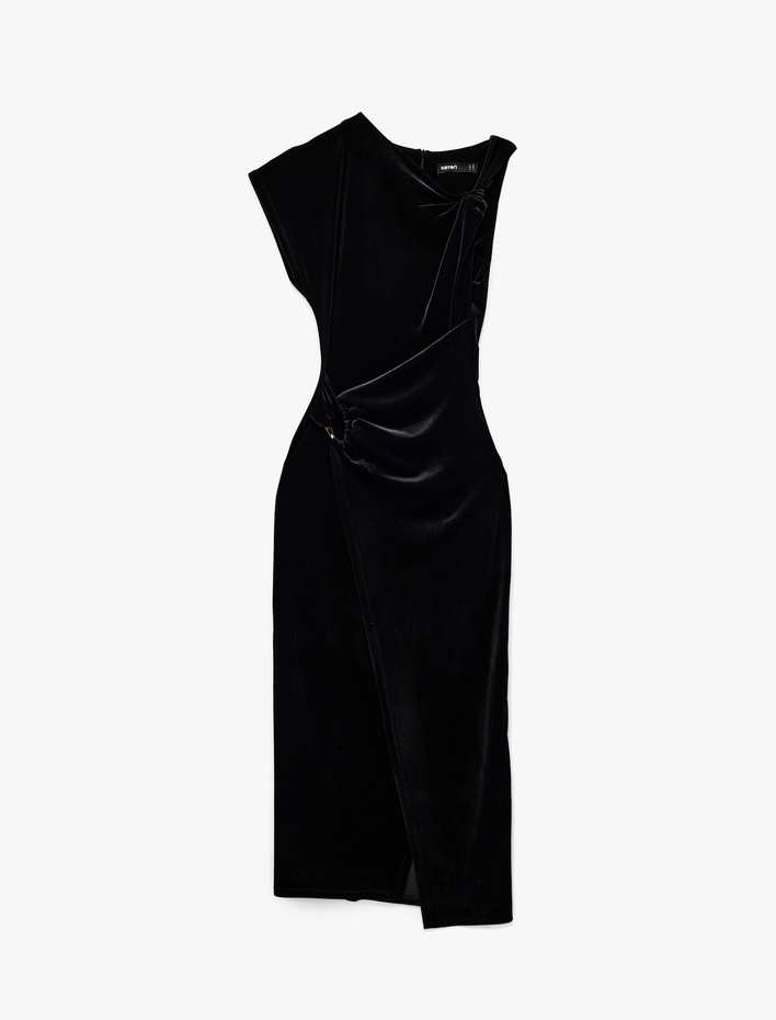  Slim Fit Asimetrik Yaka Düğüm Detaylı Kruvaze Kadife Elbise
